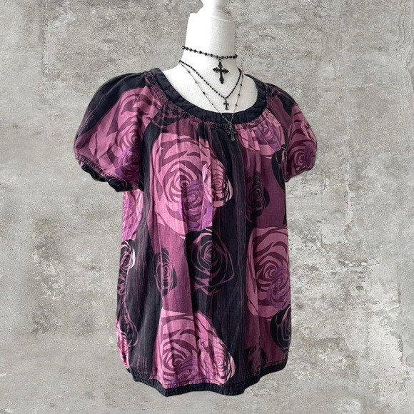 a.n.a Whimsy Floral Cotton Puffy Sleeve Blouse Size Large - Picture 3 of 7